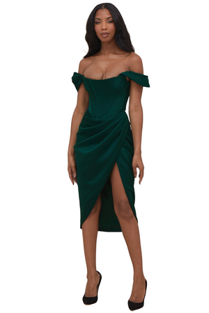 Lorette Green Satin Off Shoulder Dress