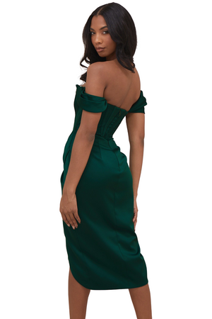 Lorette Green Satin Off Shoulder Dress